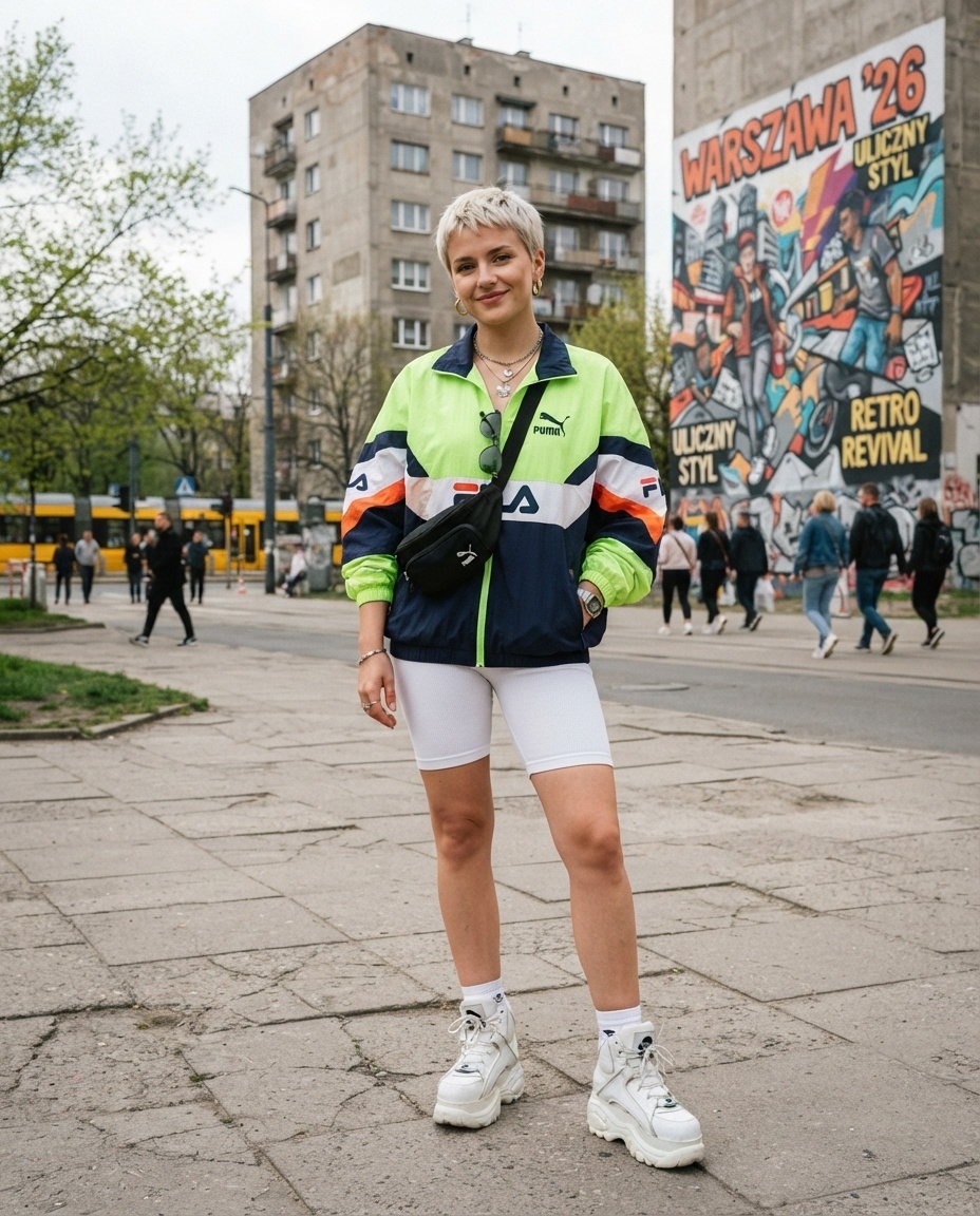 SKIPIKS AI 패션 화보 — sporty, streetwear — 네온 그린 바람막이 재킷과 화이트 바이커 쇼츠가 상쾌한 봄날의 감성을 더해줍니다. 플랫폼 스니커즈와 크로스백으로 캐주얼하고 실용적인 매력을 살려
