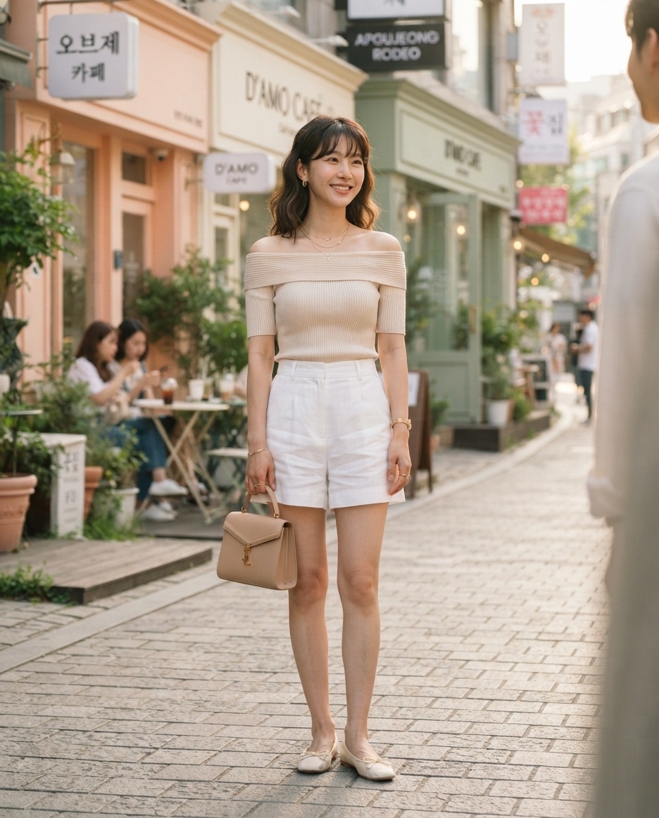 SKIPIKS AIファッション写真 — minimalist, romantic — ベージュのオフショルダー ニットとホワイト ショーツの組み合わせが、ロマンティックでありながら洗練された雰囲気を演出します。フラットシューズとミニバッグでスタイ