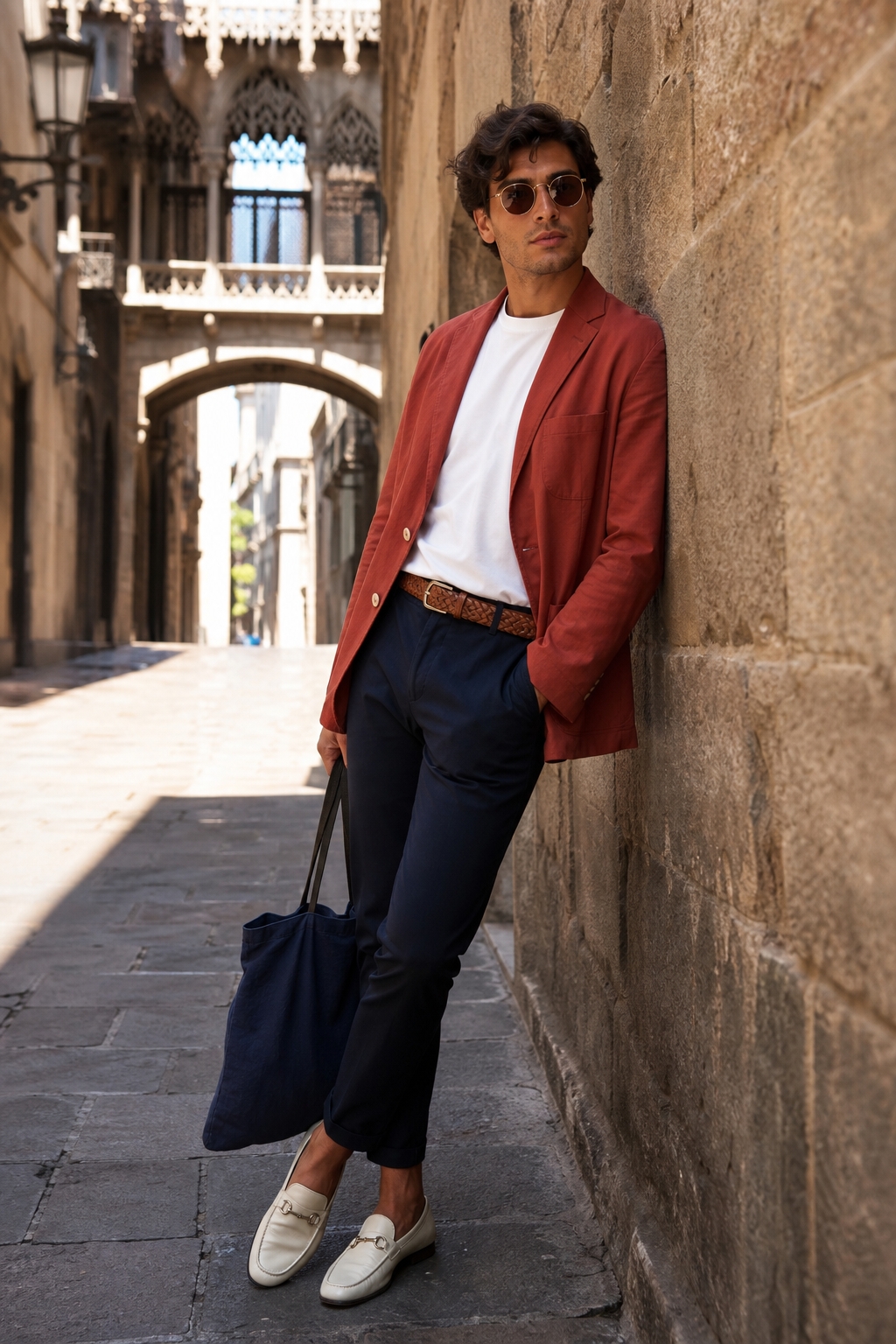SKIPIKS AI时尚大片 — dapper, classic, smart_casual — 红色夹克与白色T恤的组合营造出精致的氛围。海军蓝裤子和象牙色乐福鞋完美地勾勒出干净的轮廓，而棕色太阳镜则起到点缀作用。推荐作为商务休闲装，适合城市漫步或休闲聚会