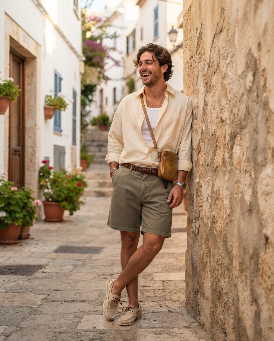 SKIPIKS AI fashion editorial — casual, minimalist — An ivory shirt paired with khaki shorts creates a cool and clean summer look. Ad
