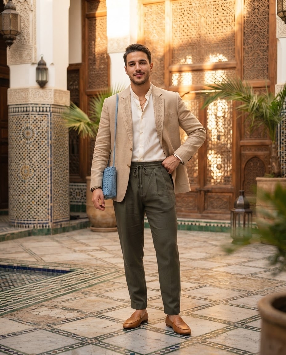 SKIPIKS AI fashion editorial — dandy, smartcasual — The combination of a beige blazer and khaki pants creates an elegant yet sophist