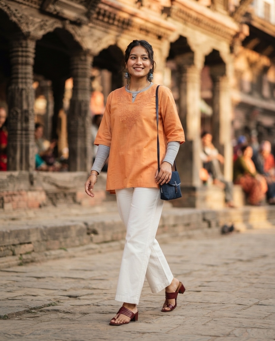 SKIPIKS AI fashion editorial — ethnic, feminine, casual — This look features a bright orange tunic and white pants, creating a fresh and r