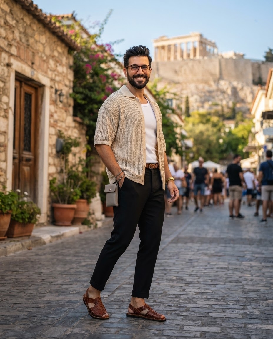 SKIPIKS AI 패션 화보 — casual, smart_casual, modern — 베이지 컬러의 니트 가디건과 화이트 티셔츠가 만난 자연스러움이 여름철 도심 속 편안한 무드를 연출합니다. 블랙 슬랙스와 브라운 샌들을 매치해 깔