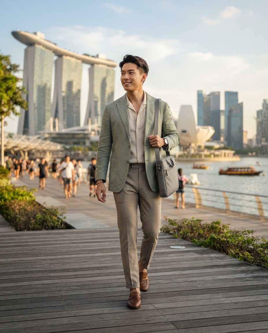 SKIPIKS AI 패션 화보 — business_casual, modern, urban — 연한 녹색 재킷과 크림색 셔츠가 조화롭게 어우러져 깔끔하고 세련된 느낌을 줍니다. 이런 룩에는 브라운 로퍼와 같은 클래식한 신발로 마무리해 보세