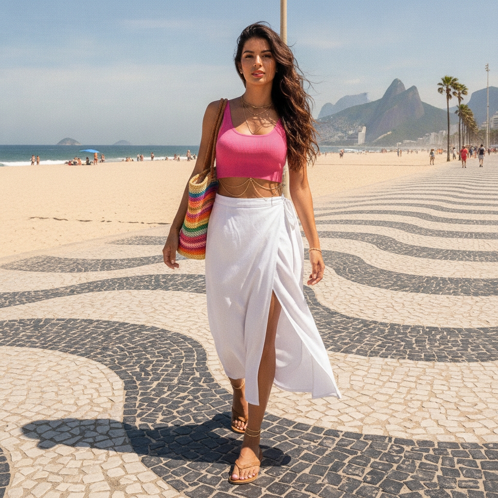 SKIPIKS AI 패션 화보 — beachwear, casual, feminine — 선명한 핑크 크롭탑과 화이트 랩 스커트의 조합이 여름 해변의 자유로운 무드를 선사해요. 멀티컬러 니트 백과 골드 체인 벨트가 포인트가 되어 캐주