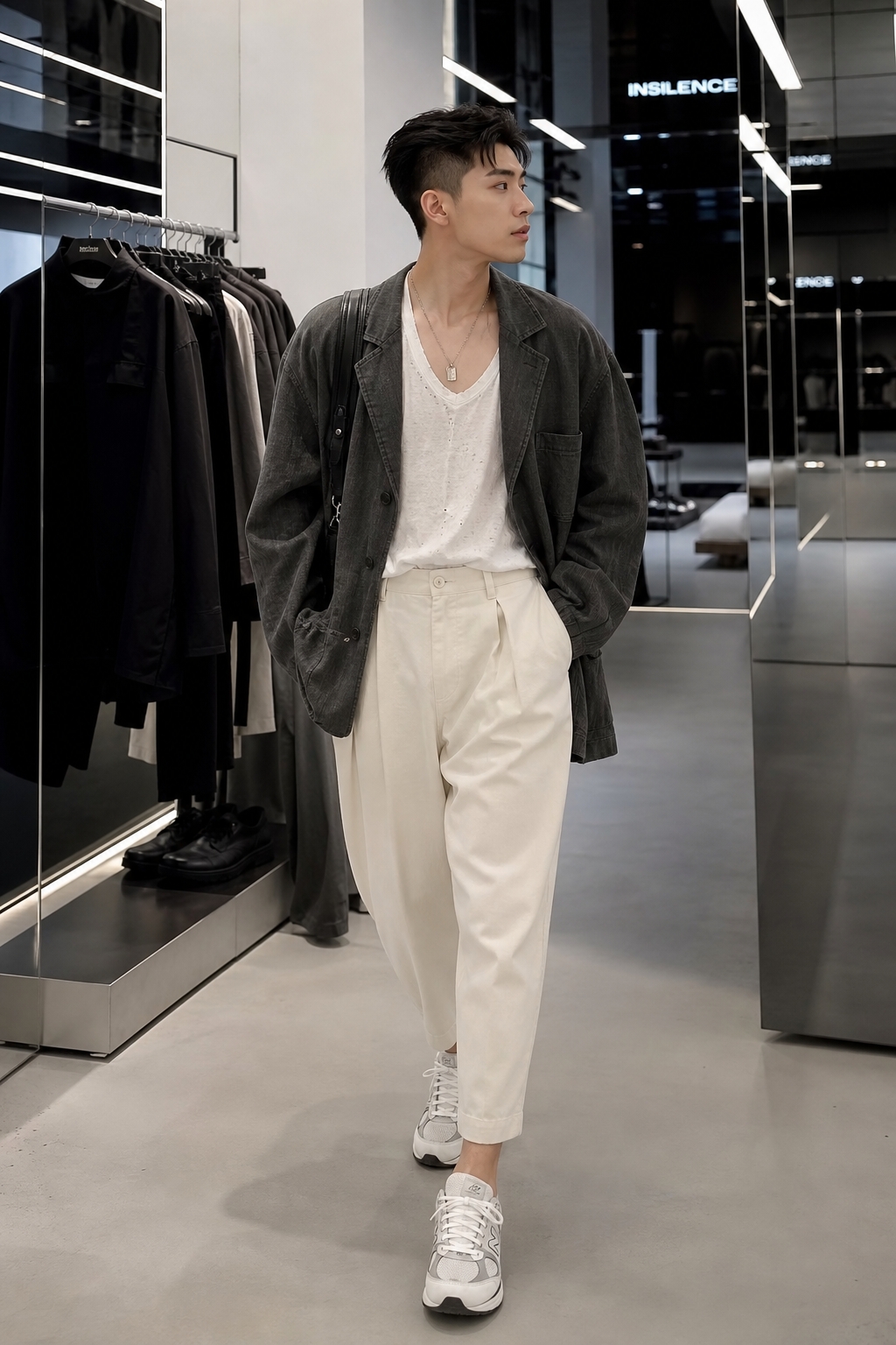 SKIPIKS AIファッション写真 — minimalist, streetwear — 洗練されたカラーバランスのセミカジュアルなルックで都会的な雰囲気を演出しましょう。レザーのボンバージャケットとクリーム色のテーパードパンツがスタイリッシュなシル