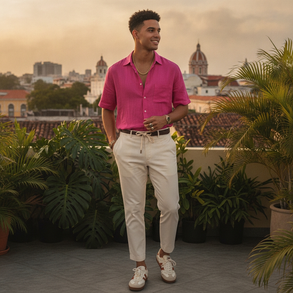 SKIPIKS AIファッション写真 — casual, chic — 鮮やかなピンクのシャツとクリームのスラックスを組み合わせて、明るく楽しい夏の雰囲気を演出しましょう。カジュアルなスニーカーとゴールドのアクセサリーを加えることで