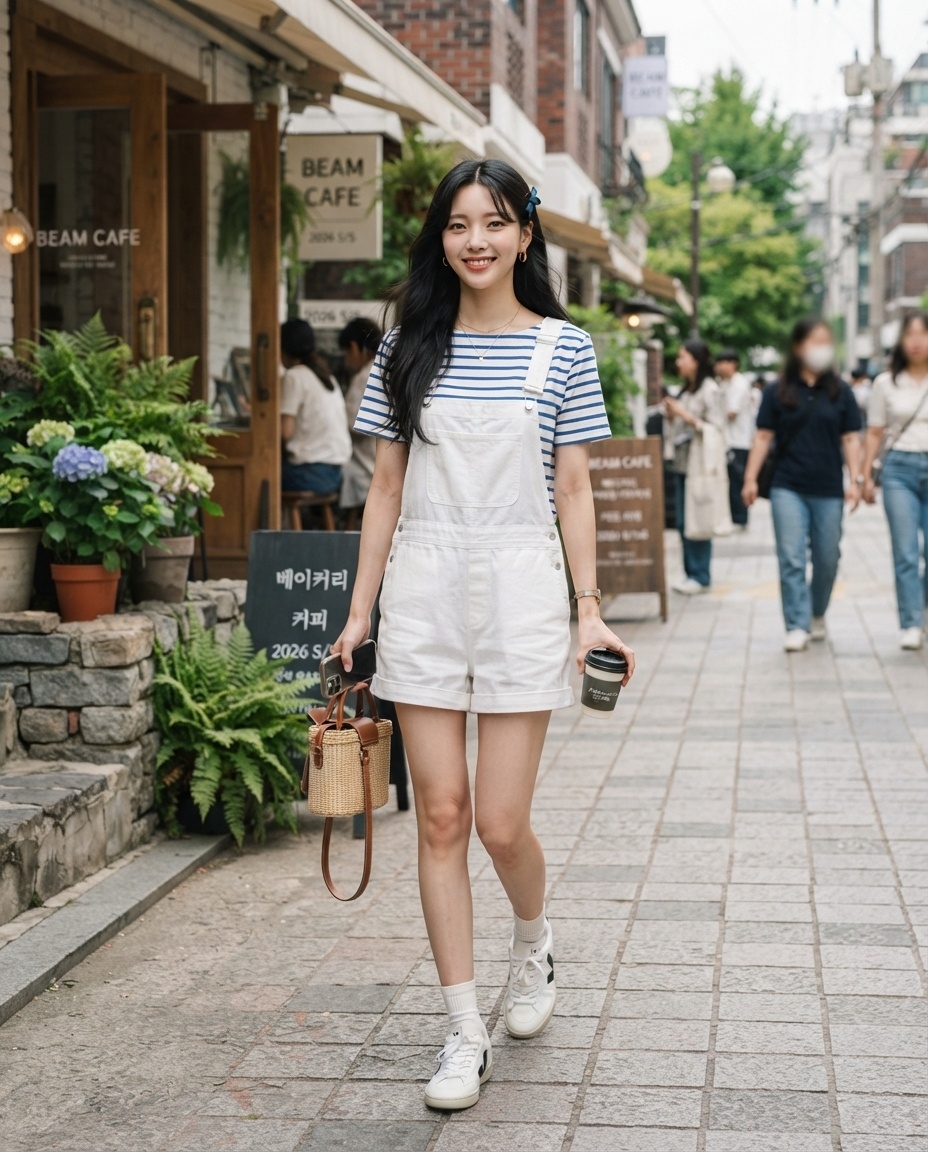 SKIPIKS AI 패션 화보 — casual, playful — 스트라이프 티셔츠와 화이트 오버올이 시원한 여름 무드를 자아내는 룩입니다. 블루 헤어핀과 라탄 백으로 포인트를 더해 경쾌한 매력을 강조했어요. 