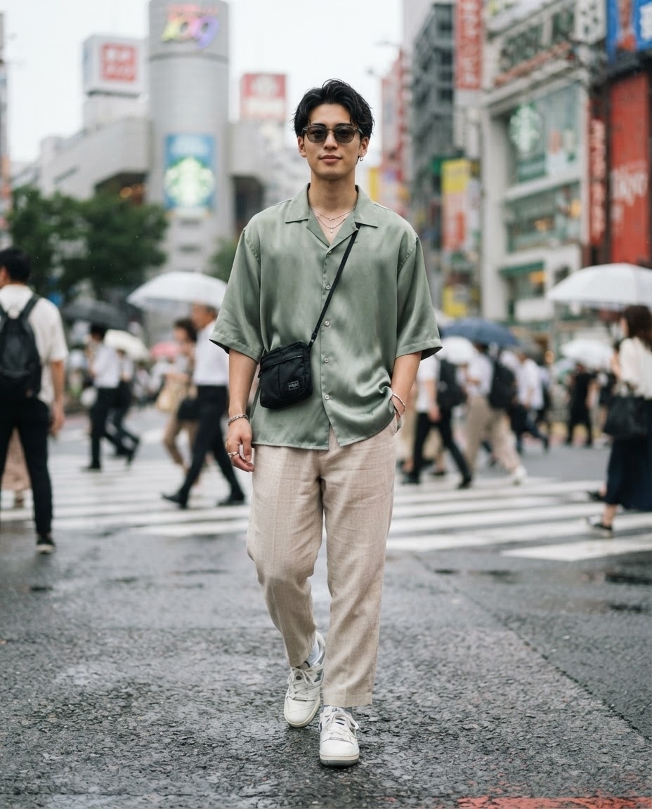 SKIPIKS AI 패션 화보 — minimalist, streetwear — 자연스러운 카키 셔츠와 베이지 팬츠의 조합으로 편안한 도시 감성을 느낄 수 있는 룩이에요. 선글라스와 크로스백으로 실용성을 더해 스타일을 완성해