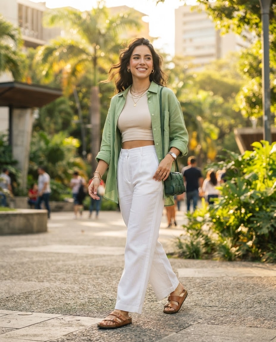 SKIPIKS AI fashion editorial — casual, minimalist, feminine — This is a daily look with a vintage and relaxed vibe. The combination of a beige