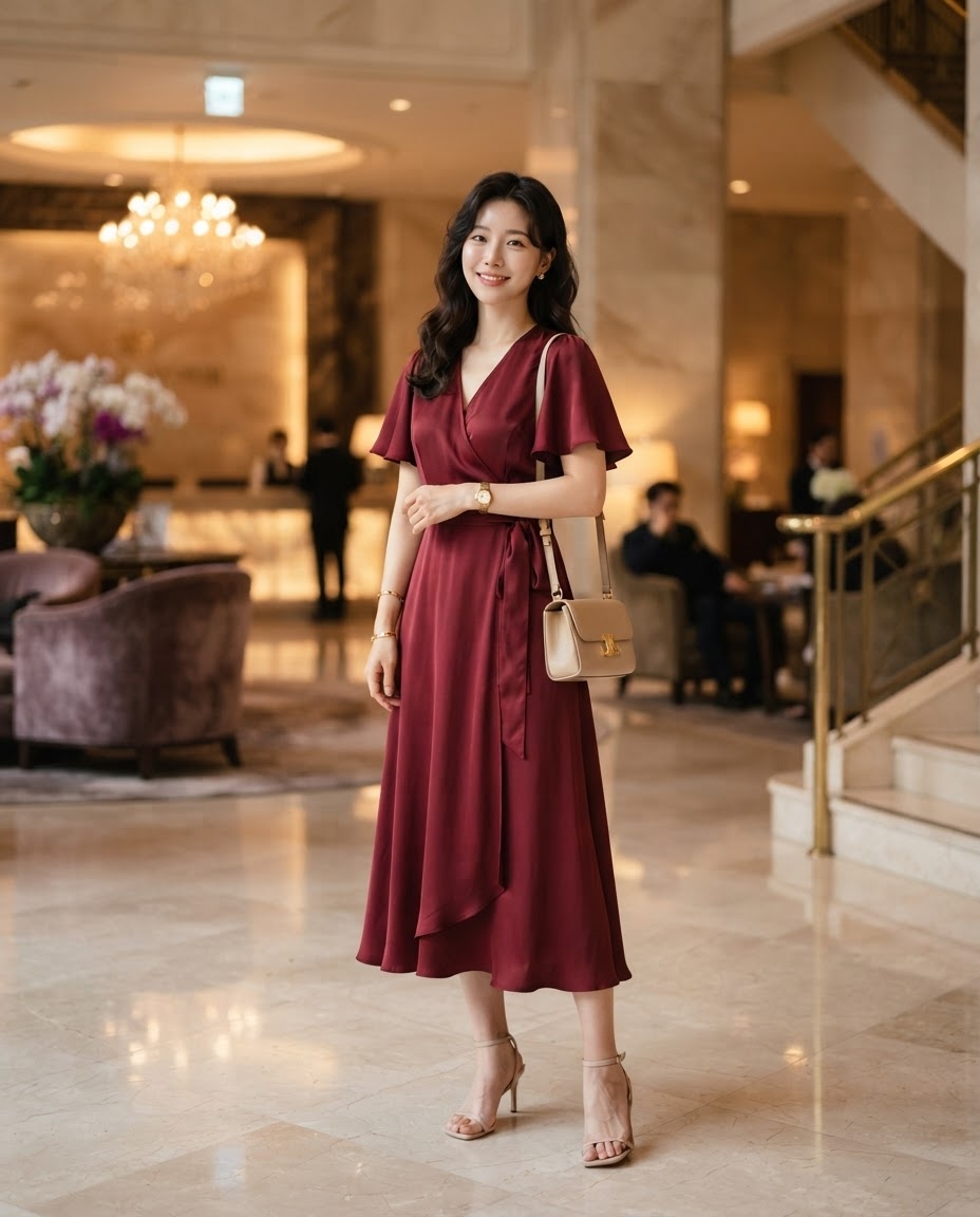 SKIPIKS AIファッション写真 — feminine, elegant — エレガントなワインカラーのラップドレスが洗練された雰囲気を演出します。ベージュのストラップヒールと合わせることで、より長く見えるシルエットが完成します。オフィス