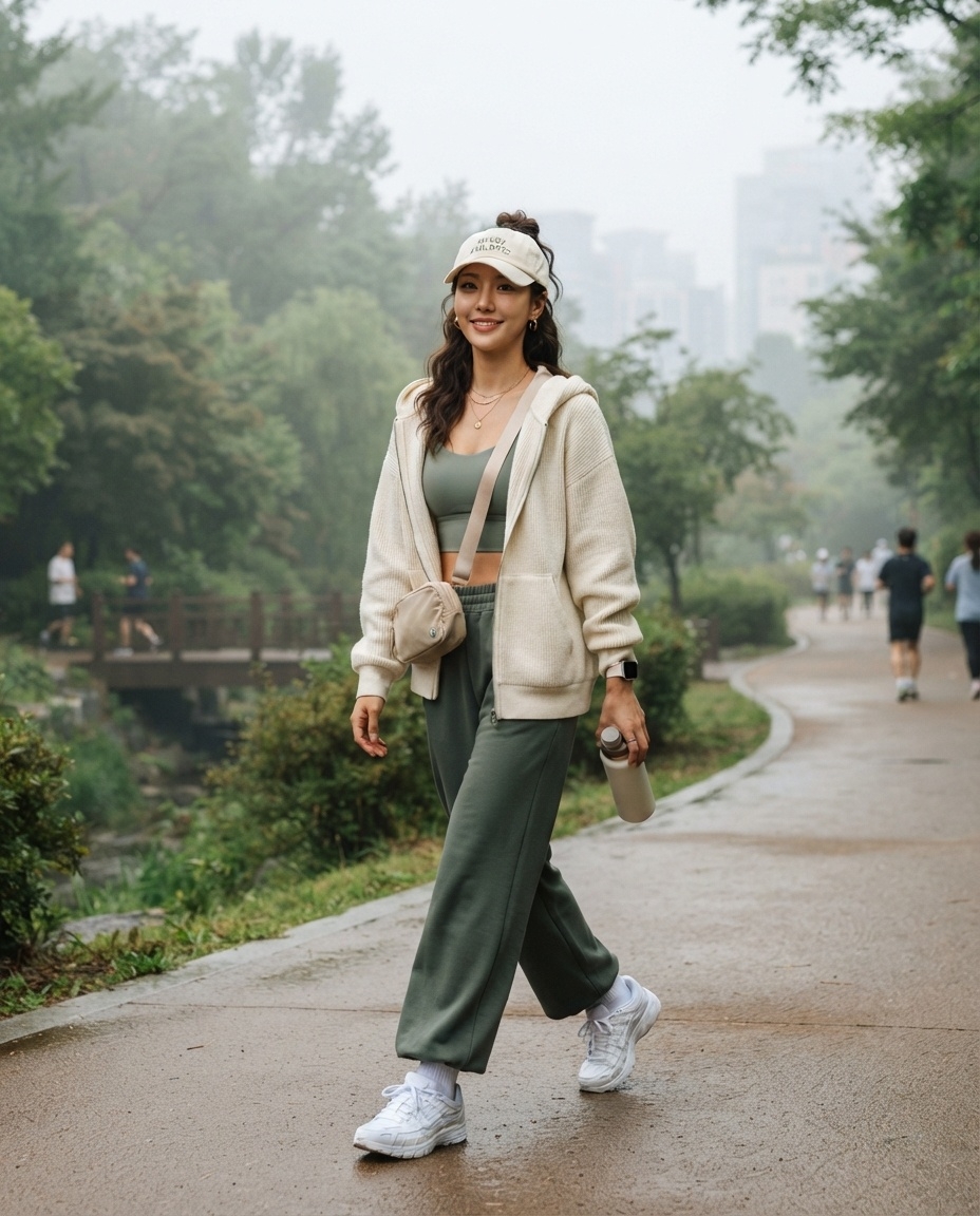 SKIPIKS AI 패션 화보 — athleisure, casual — 실용적인 아이템들로 완성된 스포티한 무드의 가을 캐주얼 룩입니다. 아이보리 후드 집업과 카키 조거 팬츠의 조화가 자연스러운 데일리 스타일을 만듭