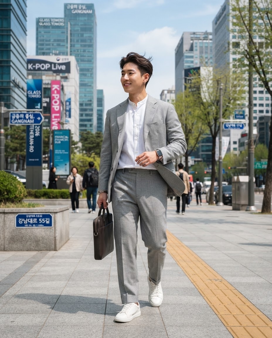 SKIPIKS AI fashion editorial — business_casual, smart — The combination of a gray suit and a white shirt creates a clean and sophisticat