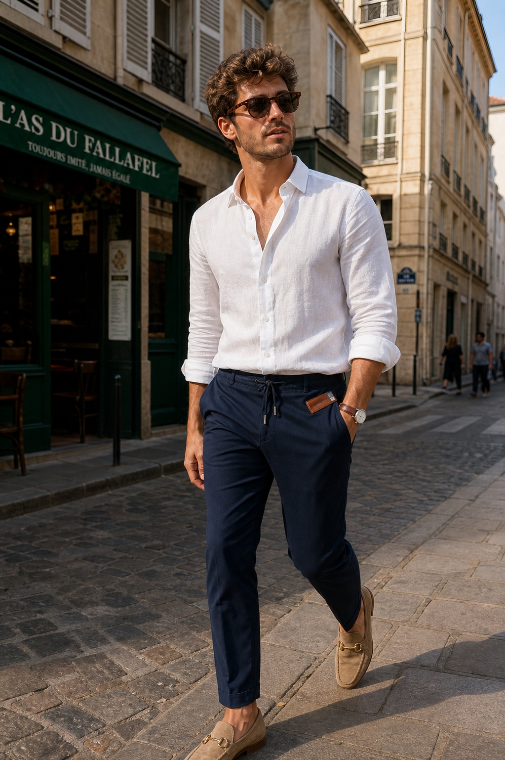 SKIPIKS AIファッション写真 — minimalist, smart_casual — ホワイトシャツとネイビーのスラックスのクリーンな組み合わせが際立つコーディネートです。リラックスしたシルエットのリネン素材が夏でも涼しく着用できます。ベージュの