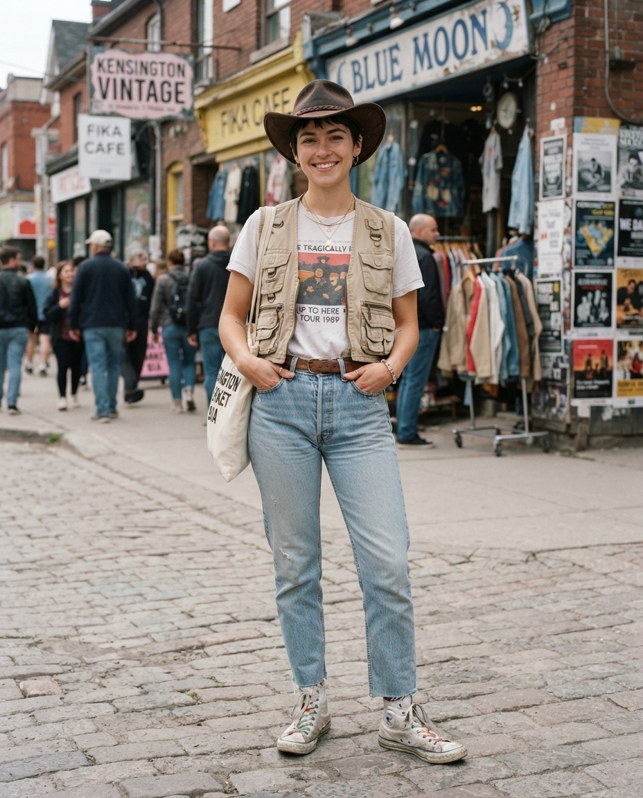 SKIPIKS AI 패션 화보 — vintage, casual, street — 빈티지한 무드가 돋보이는 캐주얼 룩으로, 유니크한 프린트 티셔츠에 베이지 베스트를 매치해 스타일리시함을 더했어요. 여기에 연청 청바지와 하이탑 