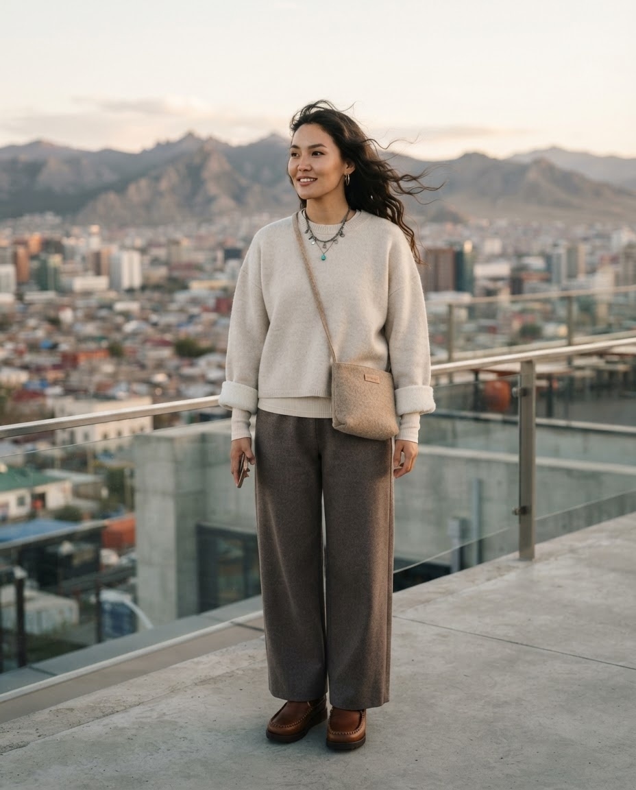 SKIPIKS AI 패션 화보 — minimalist, casual — 자연스러운 도시 풍경에서 편안함과 세련됨이 함께 어우러진 룩이에요. 아이보리 스웨터와 회색 와이드 팬츠의 조합이 따뜻하고 편안한 느낌을 주며, 