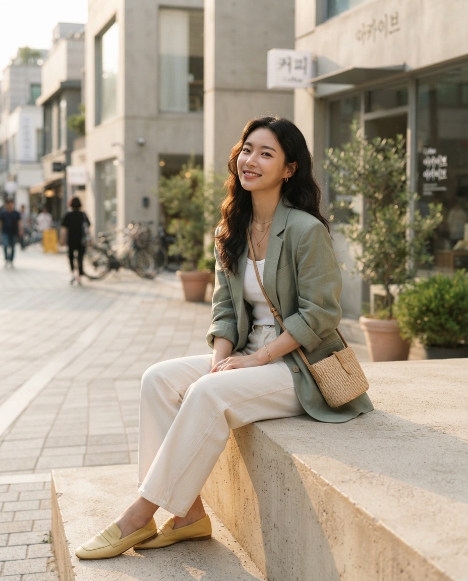SKIPIKS AI fashion editorial — chic, casual — The combination of a light green blazer and ivory pants exudes a fresh spring vi