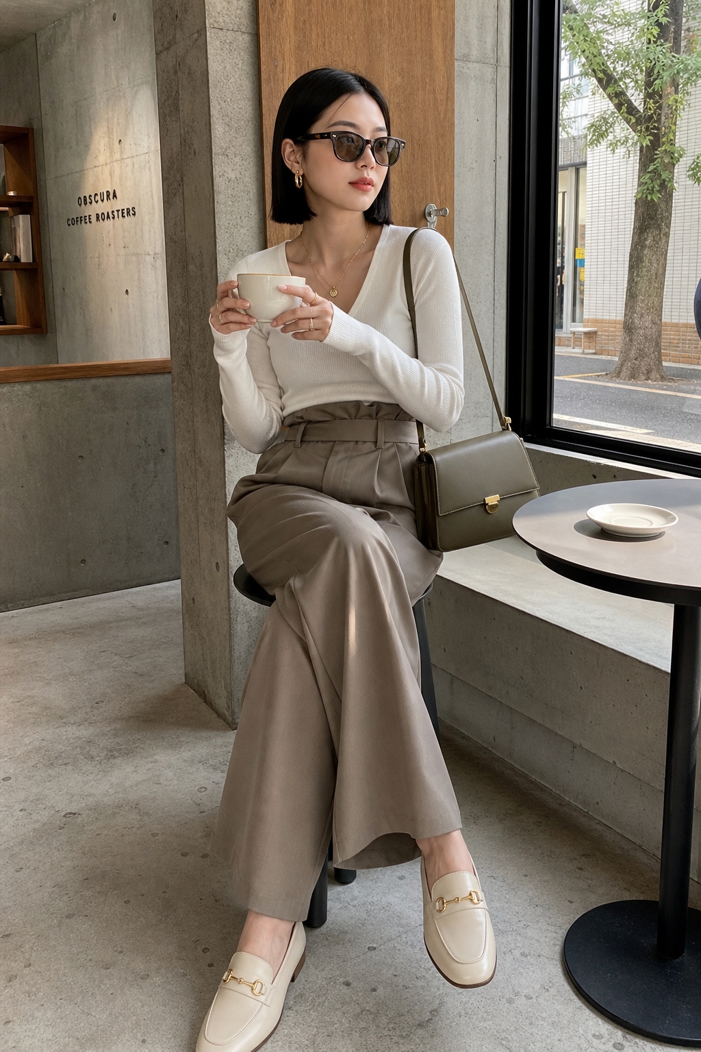 SKIPIKS AI 패션 화보 — minimalist, feminine, sophisticated — 은은한 베이지와 깔끔한 화이트의 조화가 돋보이는 세련된 코디입니다. 와이드 팬츠와 슬림한 스웨터의 조합으로 우아하면서도 편안한 느낌을 줘요. 카