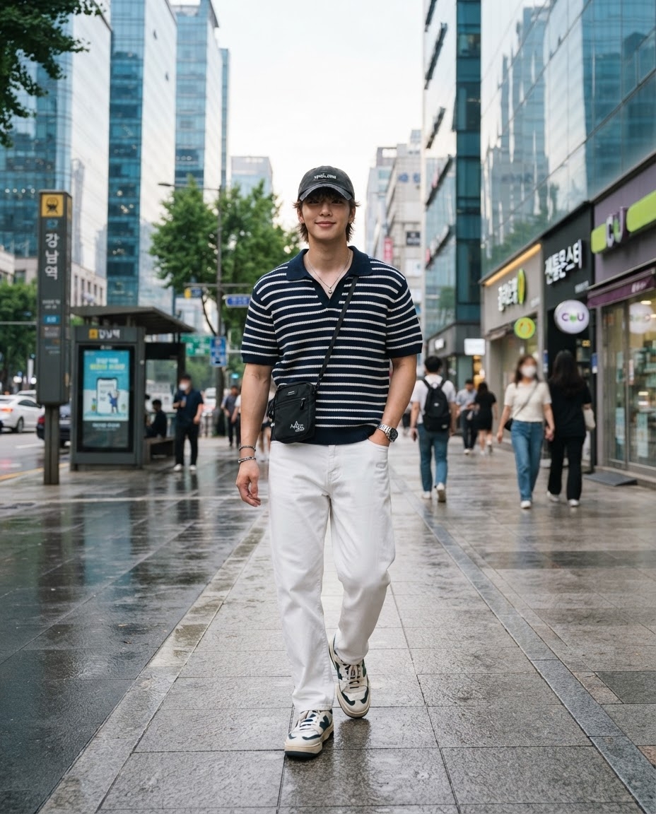 SKIPIKS AI时尚大片 — streetwear, casual — 搭配海军条纹衬衫和白色裤子，营造干净清爽的夏季氛围。搭配斜挎包，增添实用又时尚的亮点。非常适合都市日常穿搭，推荐用于轻松外出或与朋友见面。