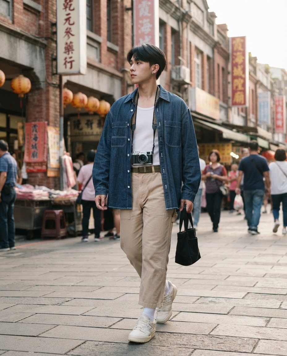 SKIPIKS AI 패션 화보 — casual, classic, streetwear — 데님 셔츠와 베이지 색상의 카고 팬츠로 구성된 룩이 편안하면서도 세련된 느낌을 줍니다. 화이트 탱크톱으로 깔끔함을 더하고, 블랙 토트백이 실용적