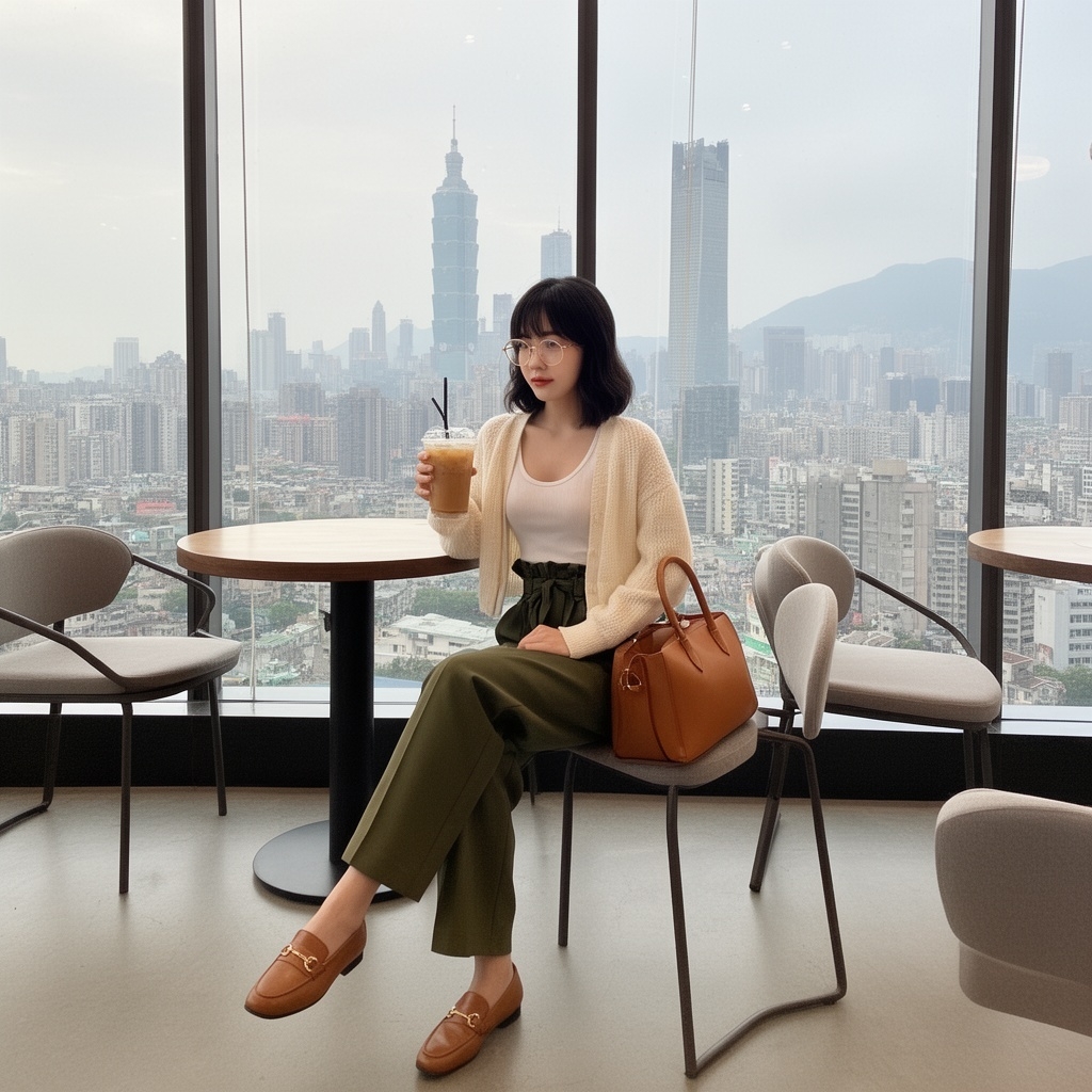 SKIPIKS AI 패션 화보 — minimalist, classic — 크림색 카디건과 카키색 팬츠가 조화로운 가을 무드를 완성해요. 브라운 로퍼와 토트백으로 클래식함을 더해보세요. 편안한 카페 데이트나 도심에서의 