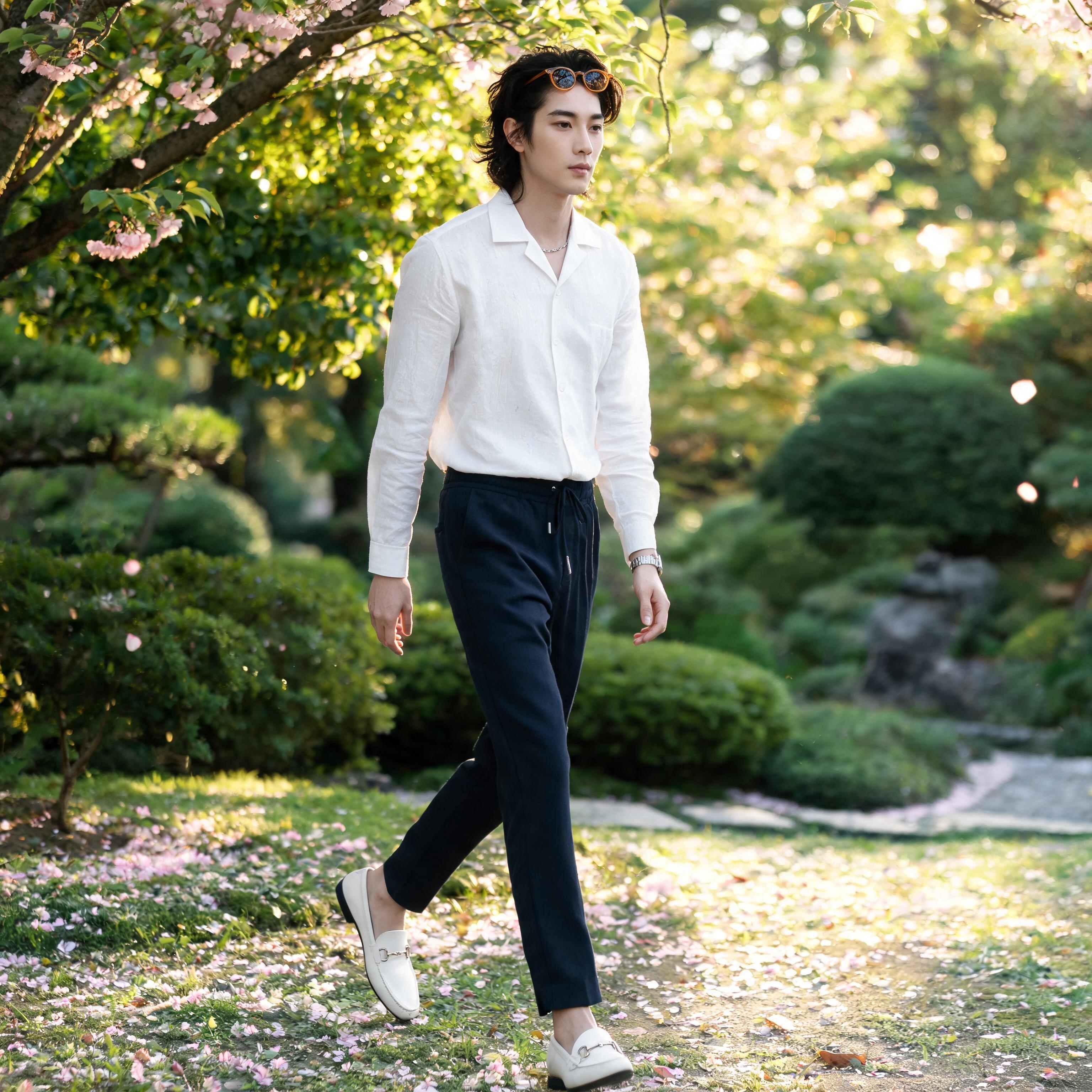 SKIPIKS AI时尚大片 — minimalist, smartcasual — 白衬衫与海军裤的搭配营造出干净而精致的氛围。搭配太阳镜和手表，增添时尚感。这个搭配非常适合春季日常穿搭或轻松出行。