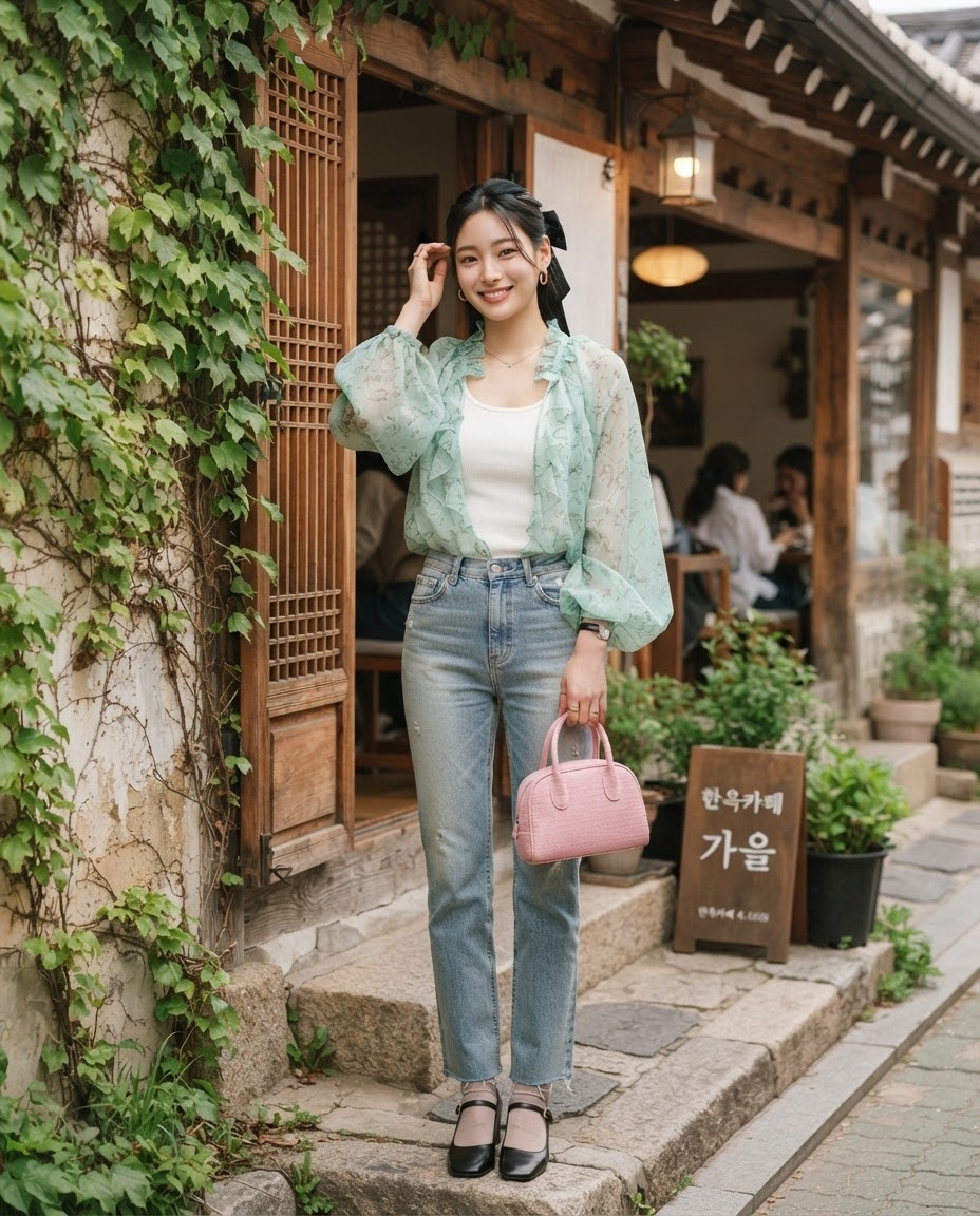 SKIPIKS AI 패션 화보 — feminine, vintage — 민트 색상의 시스루 블라우스와 하이웨이스트 데님이 만나 상큼한 봄의 느낌을 연출합니다. 화이트 탑으로 톤을 맞추고, 핑크 핸드백으로 포인트를 더