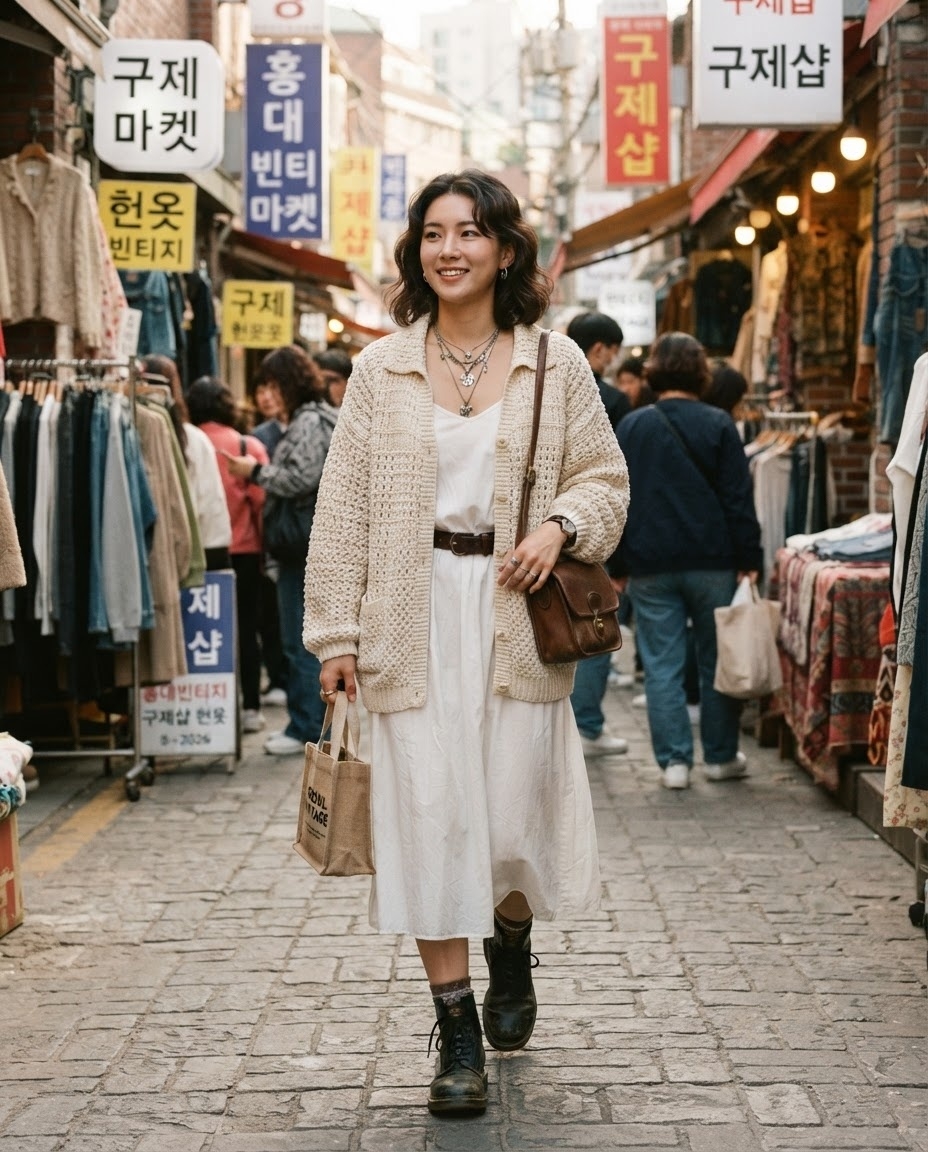 SKIPIKS AI fashion editorial — vintage, bohemian, casual — The combination of a cream knit cardigan and a white dress creates a vintage yet