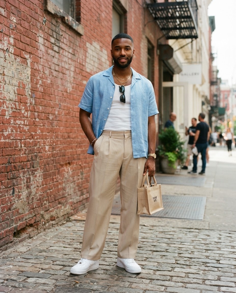 SKIPIKS AI fashion editorial — minimalist, streetwear, casual — The sky-blue linen shirt and beige slacks create a relaxed and cool vibe. The sl