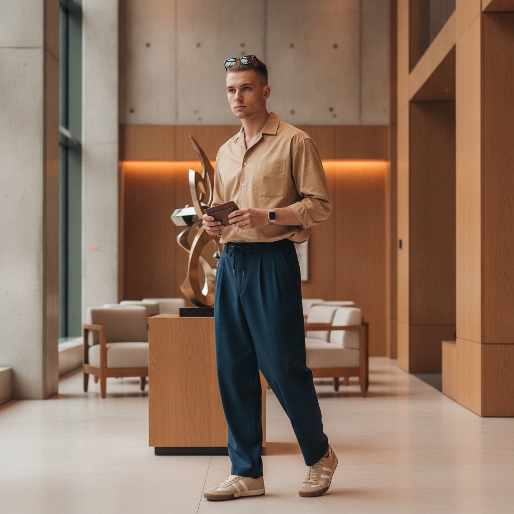 SKIPIKS AIファッション写真 — minimalist, modern, casual — ベージュのシャツとネイビーのパンツの組み合わせが洗練されたエレガントな雰囲気を演出します。ベージュのスニーカーでカジュアルなポイントを加え、シンプルなアクセサリ