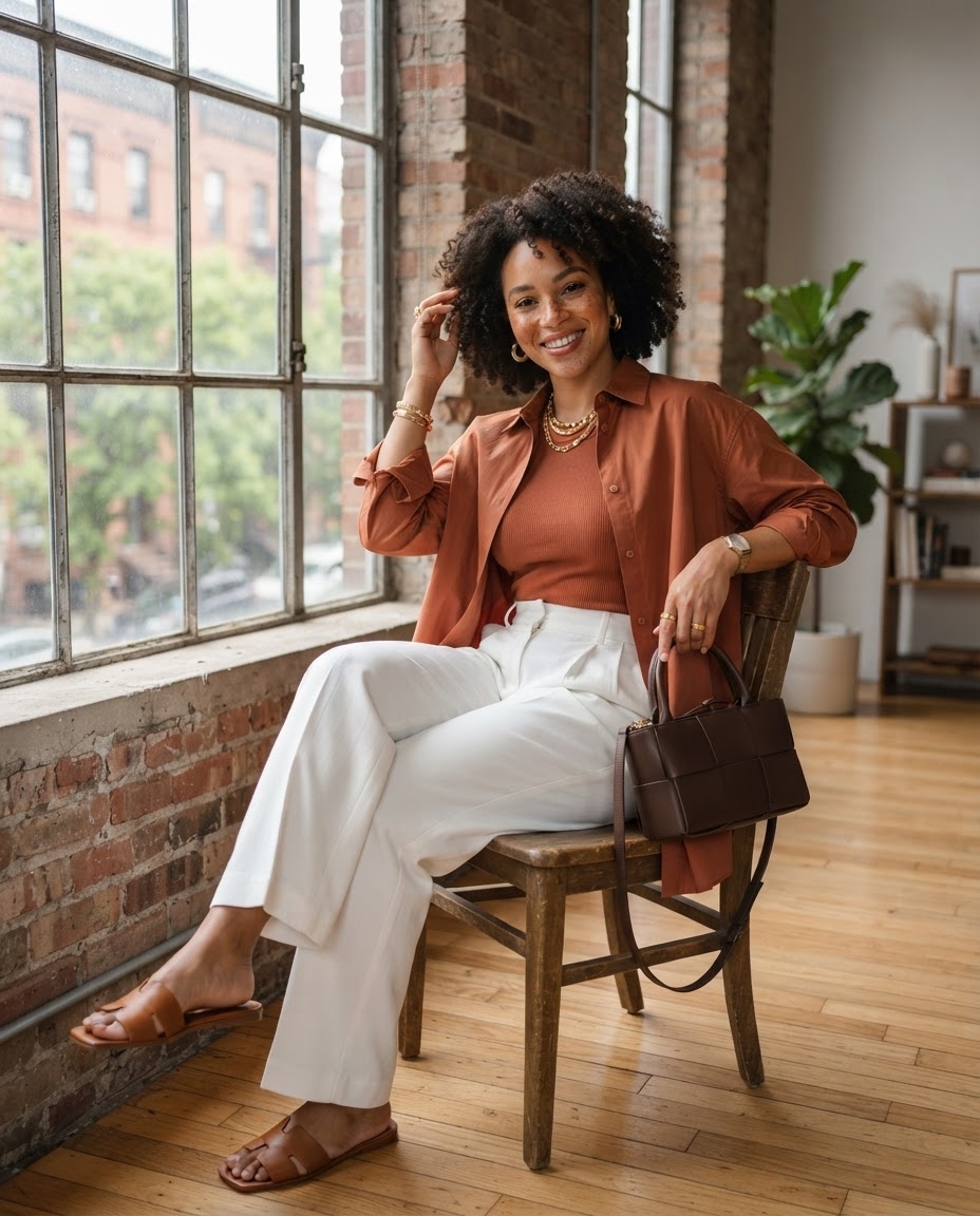 SKIPIKS AI fashion editorial — feminine, casual — Warm brown tones create a calm yet natural mood. Paired with white pants and sle