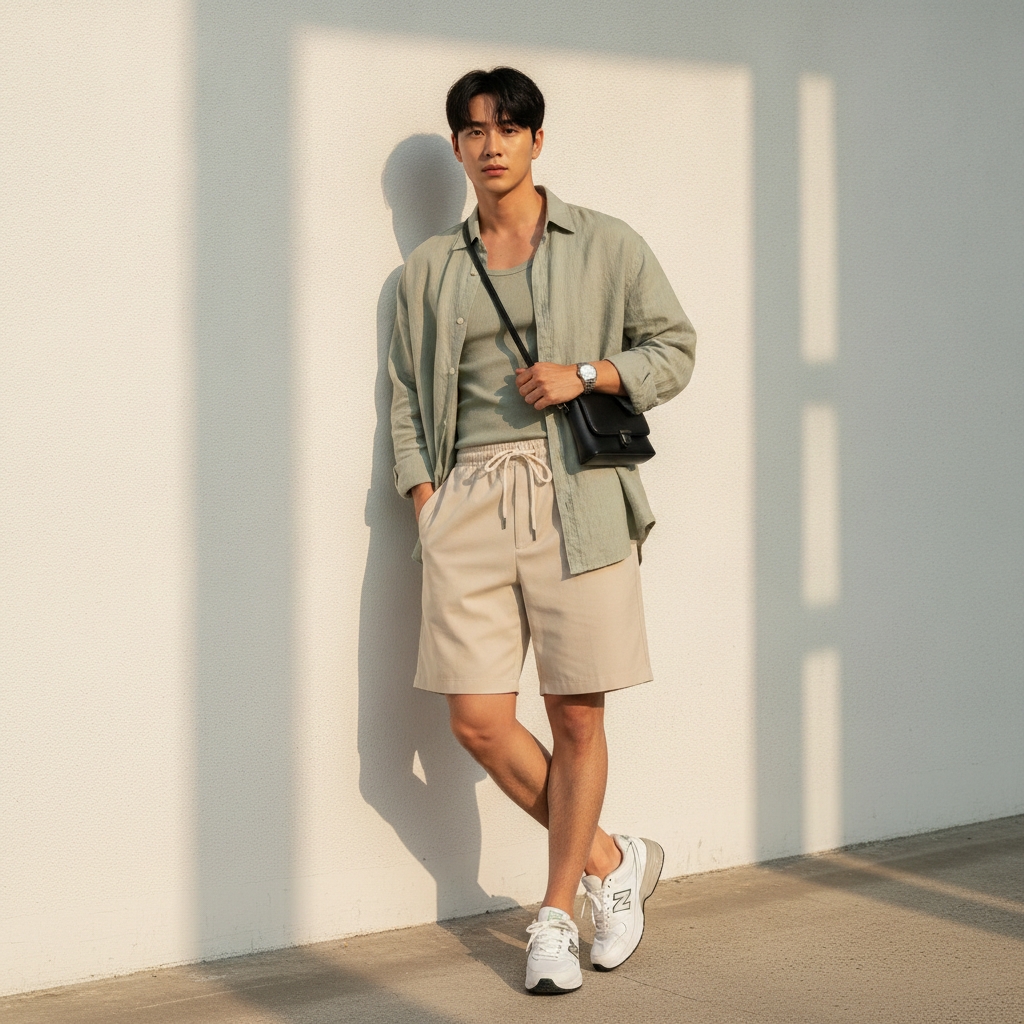 SKIPIKS AI fashion editorial — casual, minimalist — A khaki shirt paired with beige shorts creates a natural summer vibe. The cool c