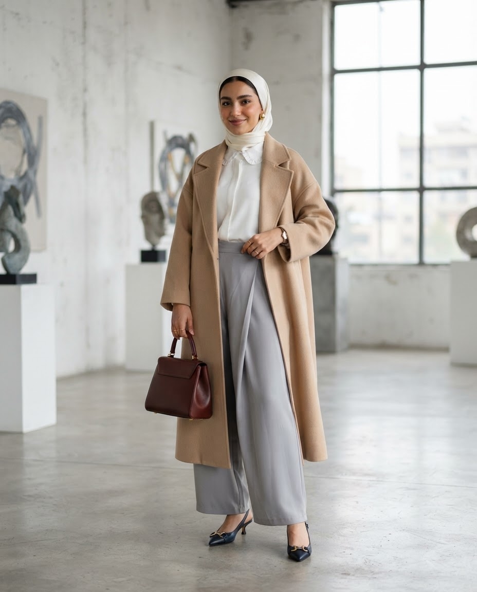 SKIPIKS AI fashion editorial — elegant, minimalist, sophisticated — The soft beige coat anchors this look, creating an elegant atmosphere. Pair it w