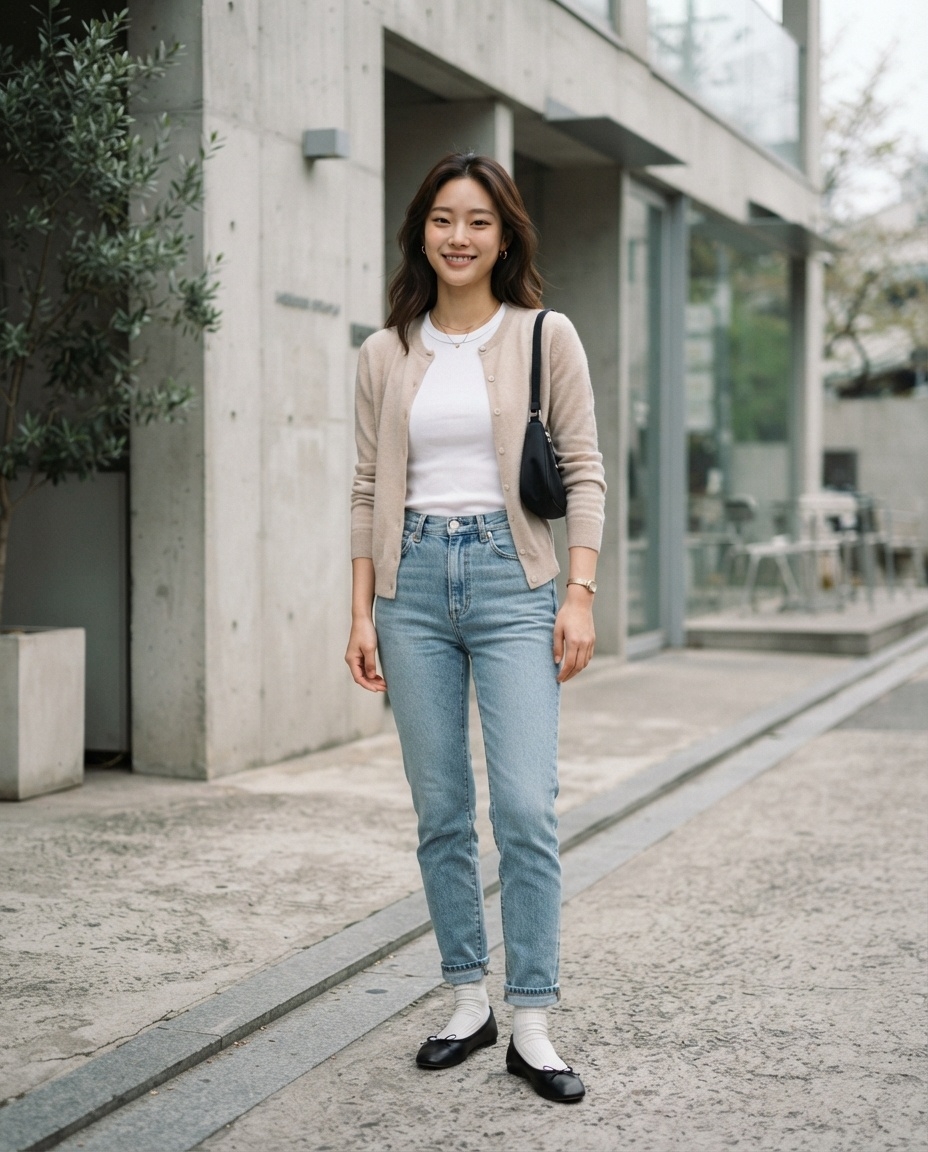 SKIPIKS AI 패션 화보 — minimalist, casual — 베이지 가디건과 블루 청바지는 봄의 싱그러움을 담은 미니멀한 룩을 연출합니다. 화이트 티셔츠와 블랙 로퍼로 깔끔함을 더해보세요. 데일리로도, 가