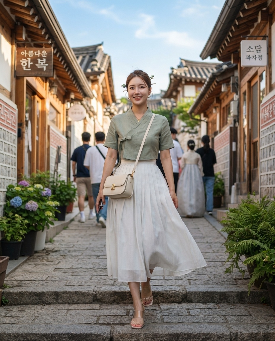 SKIPIKS AI 패션 화보 — traditional, modern — 모던한 감각의 한복 스타일로 전통과 현대를 동시에 느낄 수 있는 룩입니다. 올리브 저고리와 화이트 플리츠 스커트의 조화가 세련되면서도 편안한 무