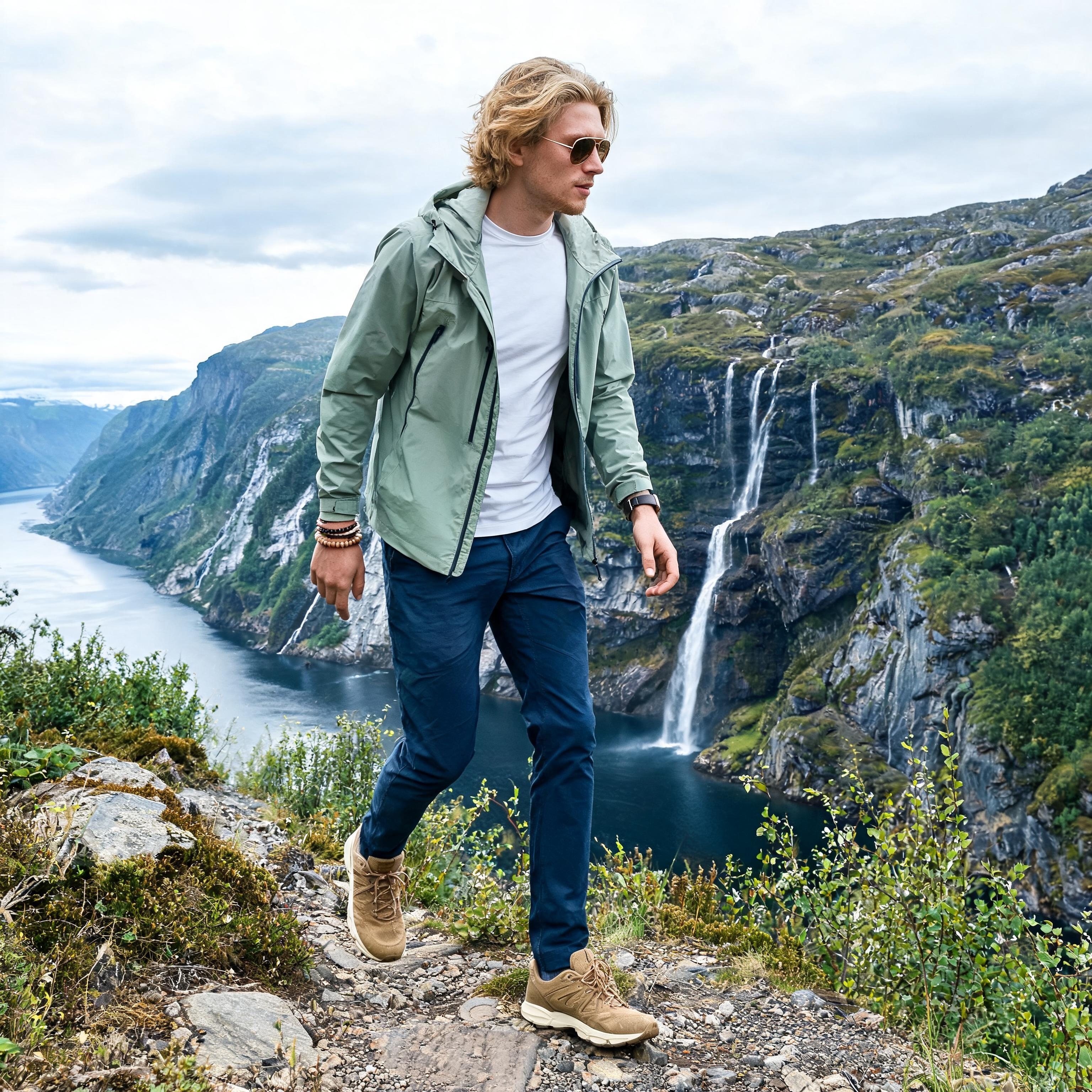 SKIPIKS AIファッション写真 — outdoor, casual — 自然と調和するライトグリーンのウィンドブレーカーで、爽やかなアウトドアスタイルが完成します。ベージュのトレッキングシューズでアクティブさを加え、さまざまなブレス