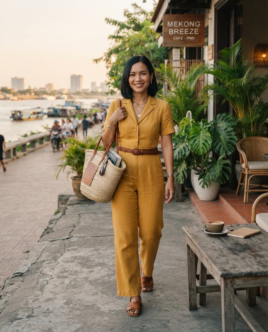 SKIPIKS AIファッション写真 — chic, casual, cityscape — 暖かいマスタード色のジャンプスーツが夏の日の軽快で洗練されたムードを演出します。ラタン素材のトートバッグを合わせて自然なルックを作り、ブラウンのサンダルで統一感