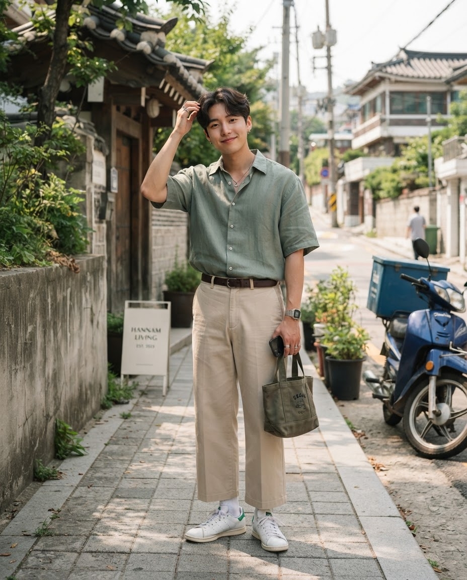 SKIPIKS AIファッション写真 — minimalist, casual — ミントグリーンのリネンシャツとベージュのパンツが組み合わさり、爽やかでクリーンな夏の日常スタイルを完成させます。ホワイトスニーカーとキャンバスバッグを加えて、快