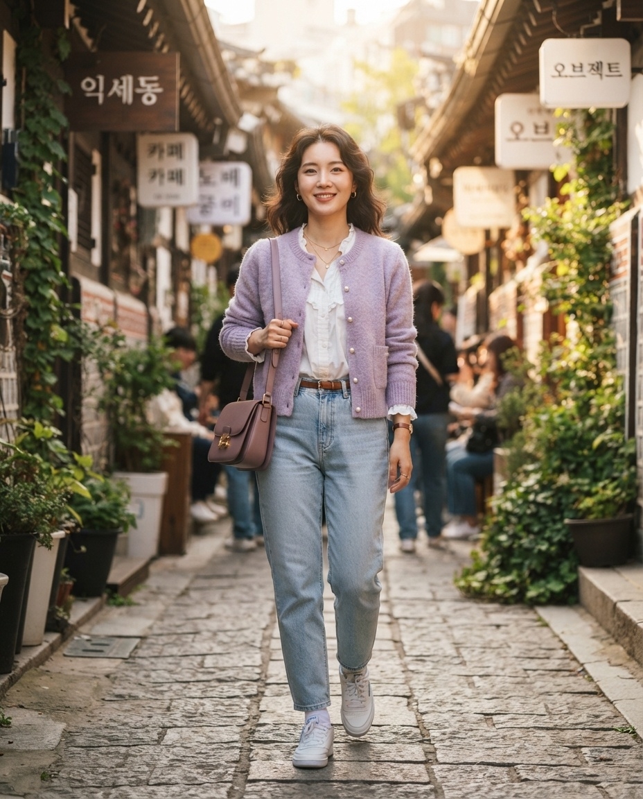 SKIPIKS AI 패션 화보 — casual, chic — 보라색 가디건과 청바지가 어우러져 따뜻하면서도 세련된 분위기를 연출해보세요. 흰색 블라우스와 스니커즈로 캐주얼함을 더하며, 브라운 숄더백으로 고
