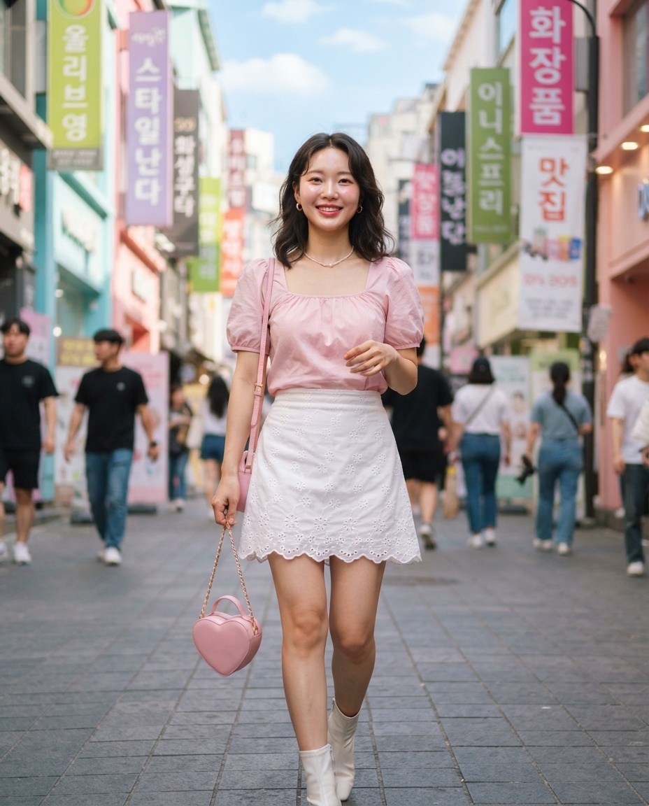 SKIPIKS AI 패션 화보 — feminine, cute, romantic — 핑크와 화이트의 조화로 부드럽고 사랑스러운 분위기가 연출됩니다. 하트 모양의 백으로 포인트를 주어 러블리함을 더해보세요. 데이트나 봄나들이에 어