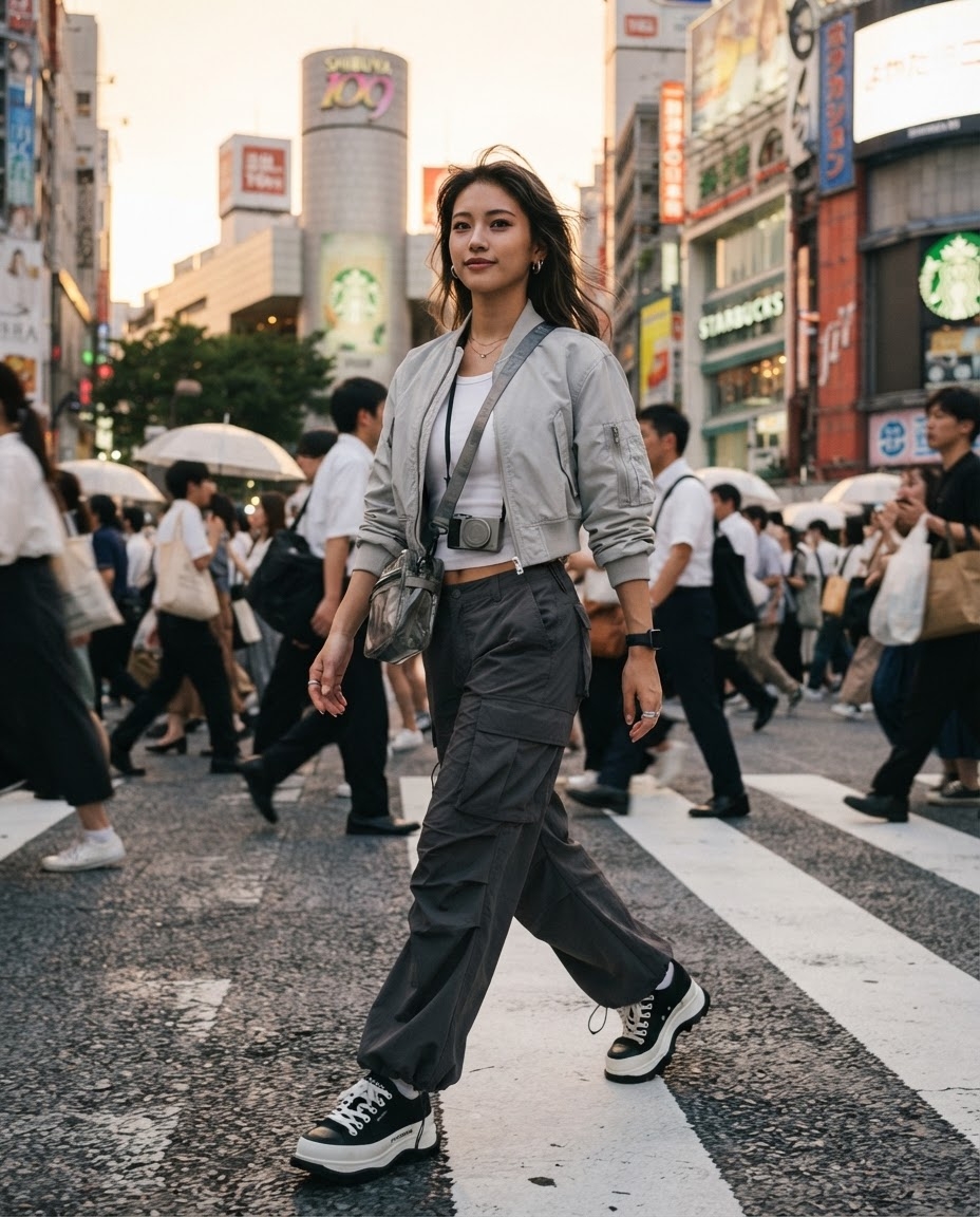 SKIPIKS AI 패션 화보 — streetwear, casual — 깔끔한 회색 봄버 재킷과 카고 팬츠로 도심 속 스트리트 패션을 완성해보세요. 크로스백과 스니커즈를 매치하며 편안한 활동성을 더했어요. 데일리로 