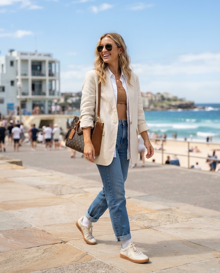 SKIPIKS AI fashion editorial — casual, chic, beachwear — This is a cool and casual style perfect for summer beaches. Combine a beige blaz