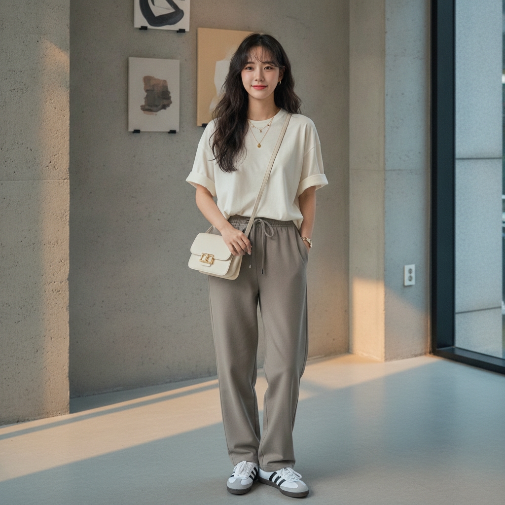 SKIPIKS AI 패션 화보 — casual, minimalist — 편안한 소재와 부드러운 색감의 조화가 돋보이는 미니멀한 캐주얼 룩입니다. 아이보리 티셔츠에 카키 와이드 팬츠를 매치하여 여유로운 실루엣을 연출했