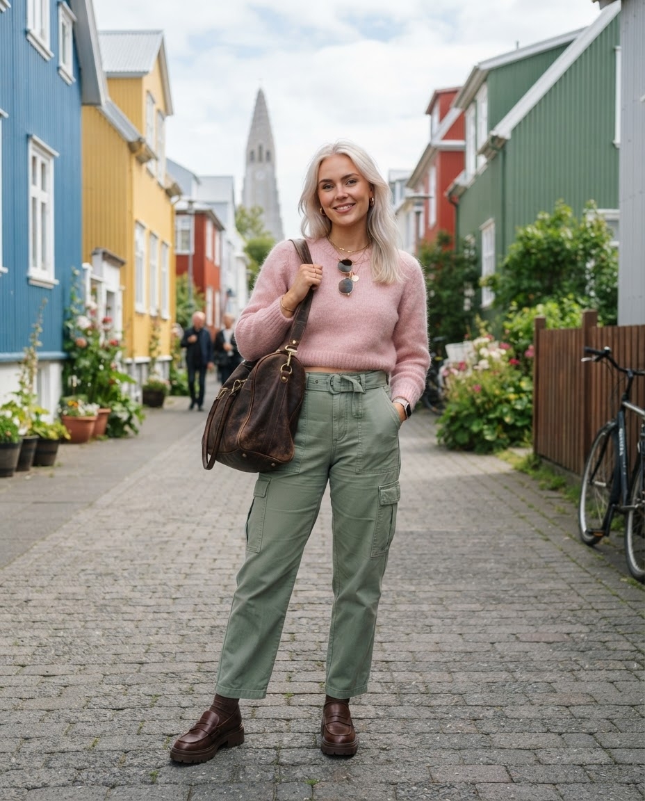SKIPIKS AI fashion editorial — casual, feminine, streetwear — The combination of a pink knit sweater and khaki cargo pants looks soft yet tren
