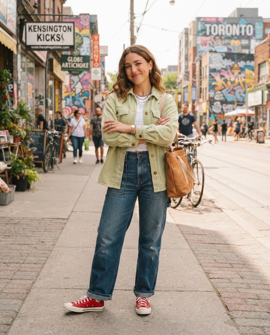 SKIPIKS AI 패션 화보 — casual, streetwear, vintage — 연한 녹색 셔츠와 흰 티셔츠의 조합이 청량하면서도 차분한 분위기를 연출해 보세요. 청바지와 빨간 스니커즈로 편안하면서도 심플하게 매치하는 것을 
