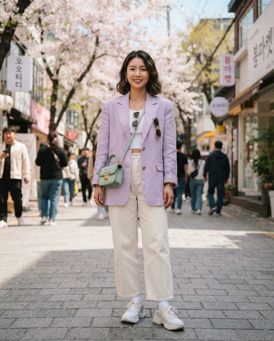 SKIPIKS AI 패션 화보 — pastel, casual, feminine — 파스텔 톤의 블레이저가 봄날의 화사함을 더해주는 룩이에요. 연보라색 블레이저와 크림 팬츠의 조합으로 부드러운 느낌을 연출해보세요. 여기에 민트색
