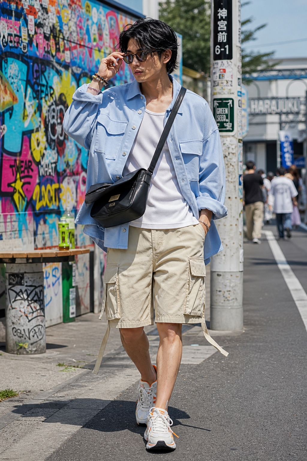 SKIPIKS AI 패션 화보 — streetwear, casual — 하늘색 셔츠와 베이지색 카고 반바지가 조화로운 색감을 완성합니다. 화이트 탱크탑과 스니커즈로 경쾌한 무드를 더해보세요. 캐주얼한 슬링백과 선글라