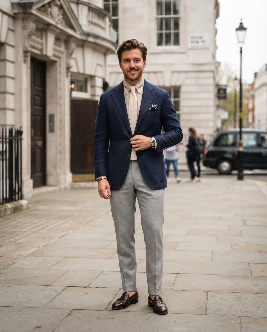SKIPIKS AI fashion editorial — smart_casual, formal — The combination of a navy blazer and beige shirt creates an elegant yet luxuriou