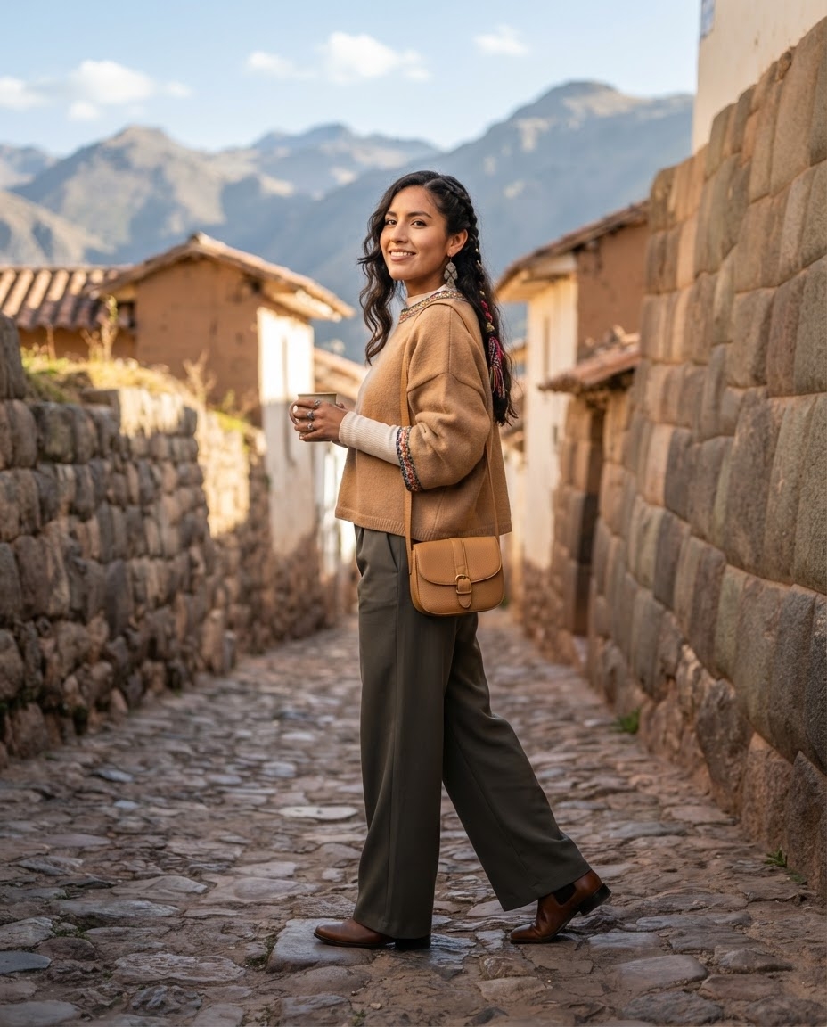 SKIPIKS AI fashion editorial — casual, chic — The combination of a beige coat and khaki pants offers an elegant vibe. A lightw
