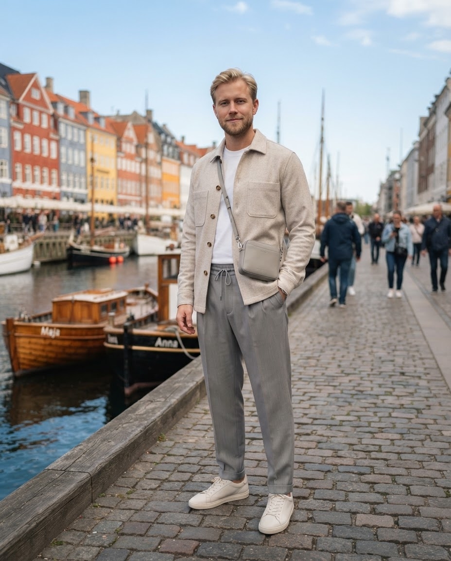 SKIPIKS AIファッション写真 — minimalist, casual, chic — 落ち着いたベージュとグレーのトーンの調和が洗練されたムードを演出します。シャツジャケットとTシャツのレイヤリングがスタイリッシュで、グレーのパンツでクリーンさを